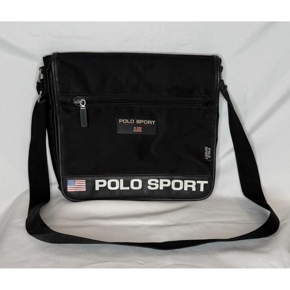 Vtg Polo Sport Ralph Lauren messenger black bag nylon Y2K USA flag logo 11x11x2 - Picture 2 of 11